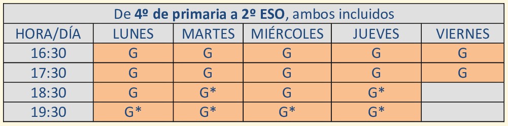 horarios 4º prim. - 2º ESO